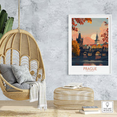 Prague Travel Print showcasing the iconic Charles Bridge with vibrant sunset colors, perfect for Czech wall art.