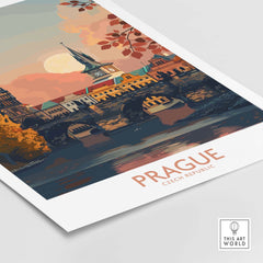 Prague Travel Print showcasing the Charles Bridge and historic architecture of Prague, Czech Republic.