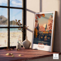 Prague Travel Print showcasing the scenic beauty of Prague's architecture and landscape in warm tones.