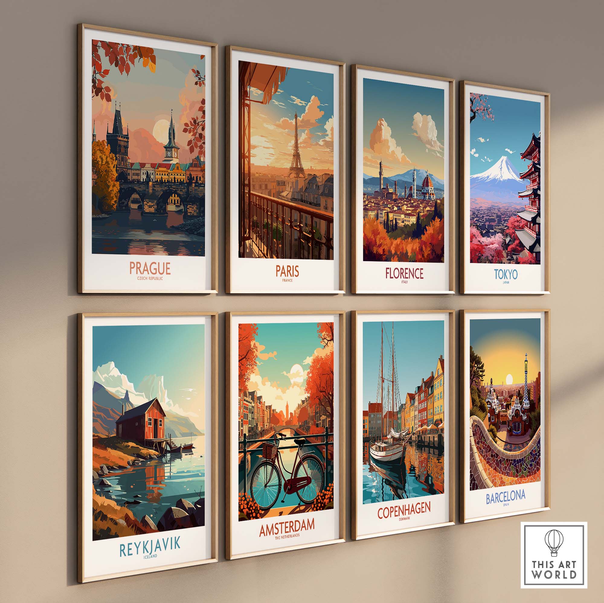 Collage of travel prints including Prague Travel Print, showcasing iconic landmarks and vibrant colors.