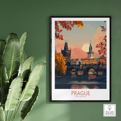 Prague Travel Print showcasing the historic architecture and charm of Prague against a vibrant sunset backdrop.