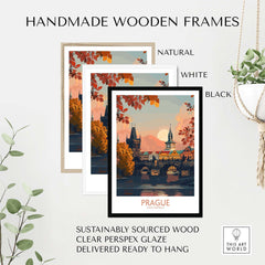 Prague Travel Print in handmade wooden frames, natural, white, and black options, showcasing vibrant Prague landscape.