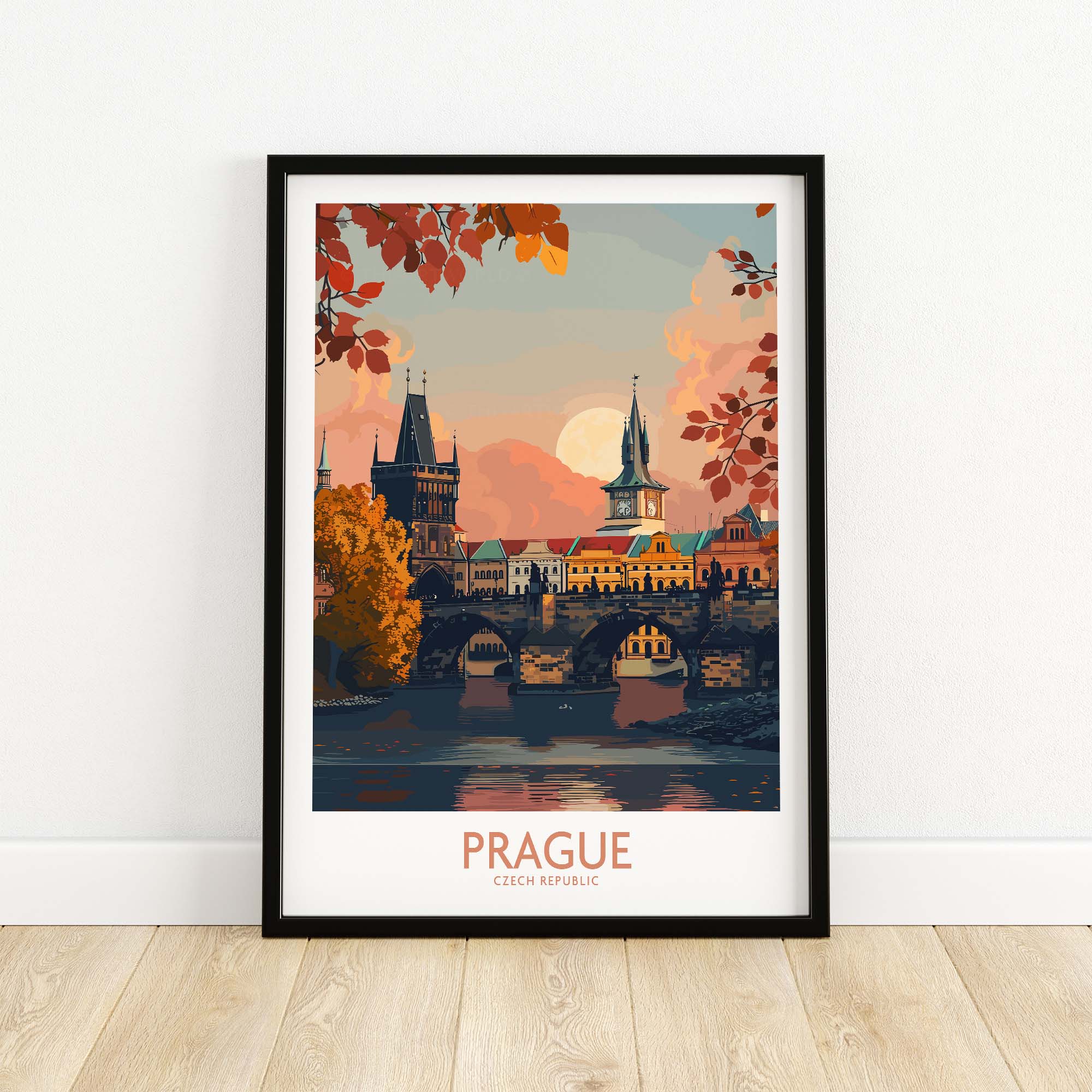 Prague Travel Print showcasing historic architecture and vibrant colors of Prague, perfect for home decor.