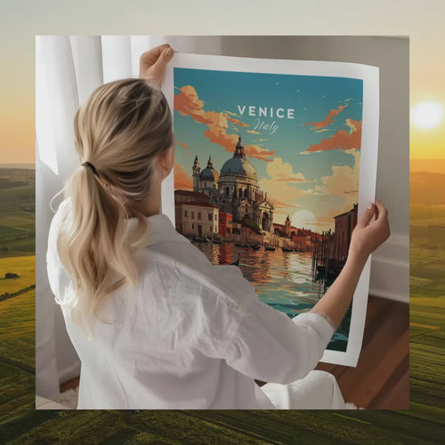 Woman holding Venice boat print showcasing vibrant colors and serene sunset over the canals in Italy.