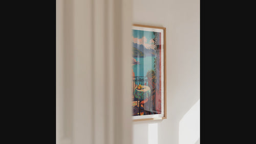 Matisse Balcony View Art Print | Amalfi Coast Poster seen through a doorway, showcasing vibrant colors and coastal scenery.