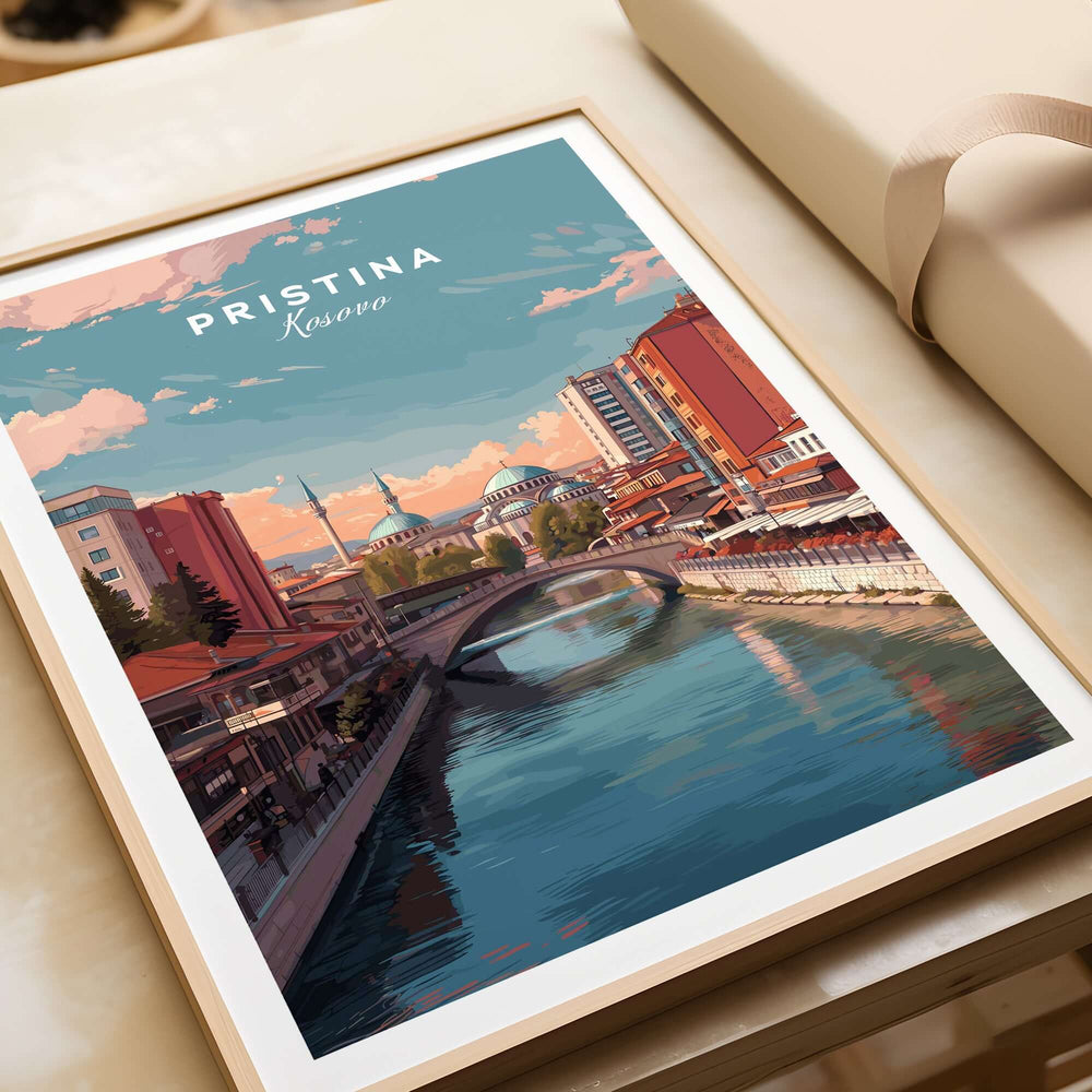 Pristina Canvas Art Print | Balkan City Wall Art featuring a vibrant river view of Pristina, Kosovo.