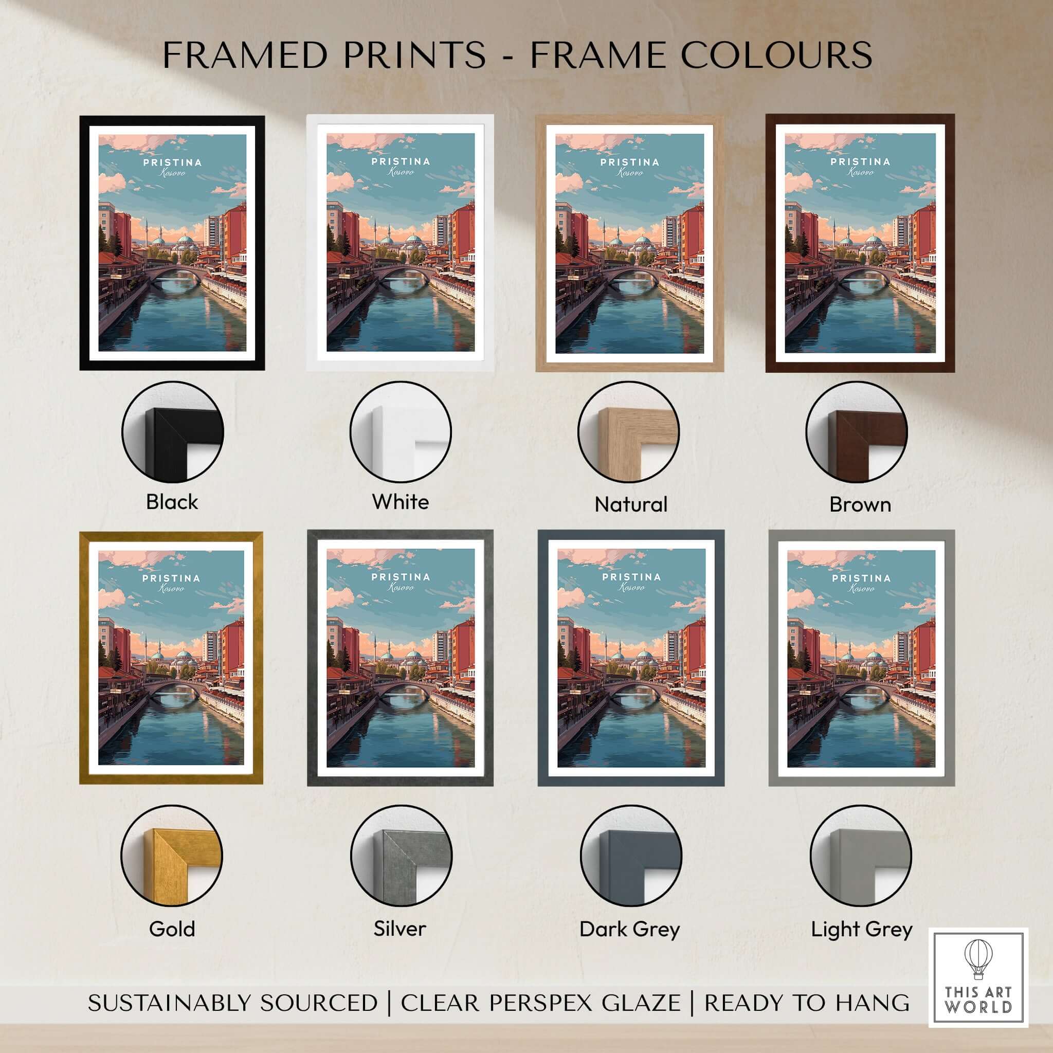 Pristina Canvas Art Print | Balkan City Wall Art displayed in various frame colors including black, white, natural, and brown.