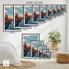 Pristina Canvas Art Print | Balkan City Wall Art size guide displaying various dimensions and framed options.