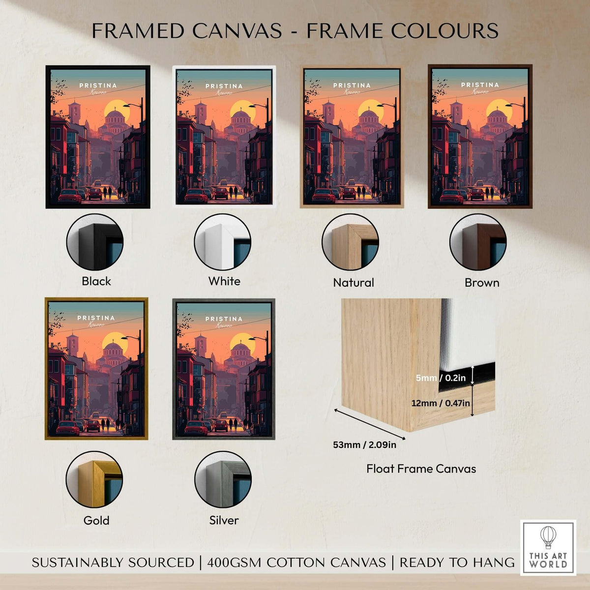 Pristina City Canvas Art Print | Kosovo Travel Wall Decor framed options with black, white, natural, brown, gold, and silver frames.