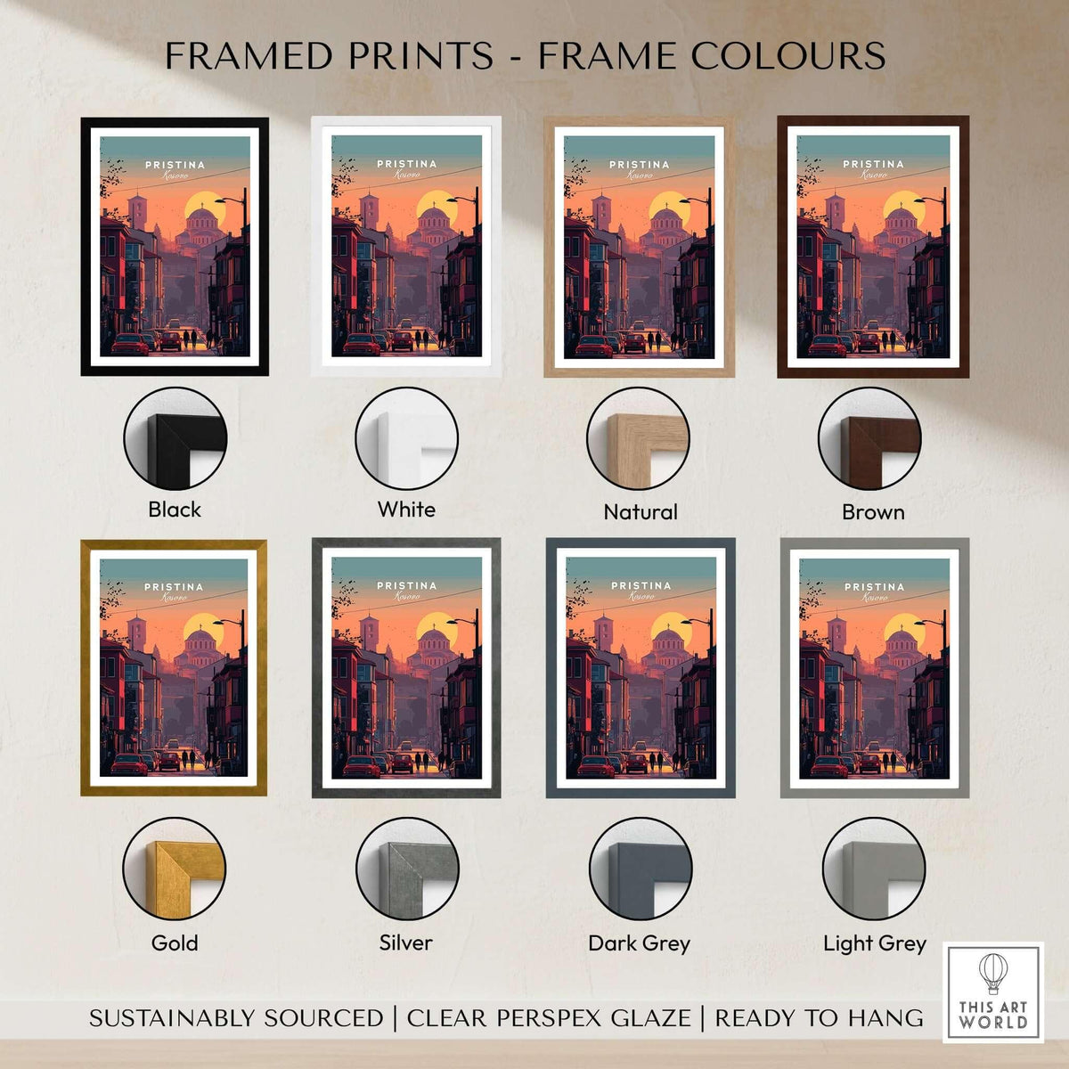Pristina City Canvas Art Print | Kosovo Travel Wall Decor framed prints in various colors including black, white, natural, and brown.
