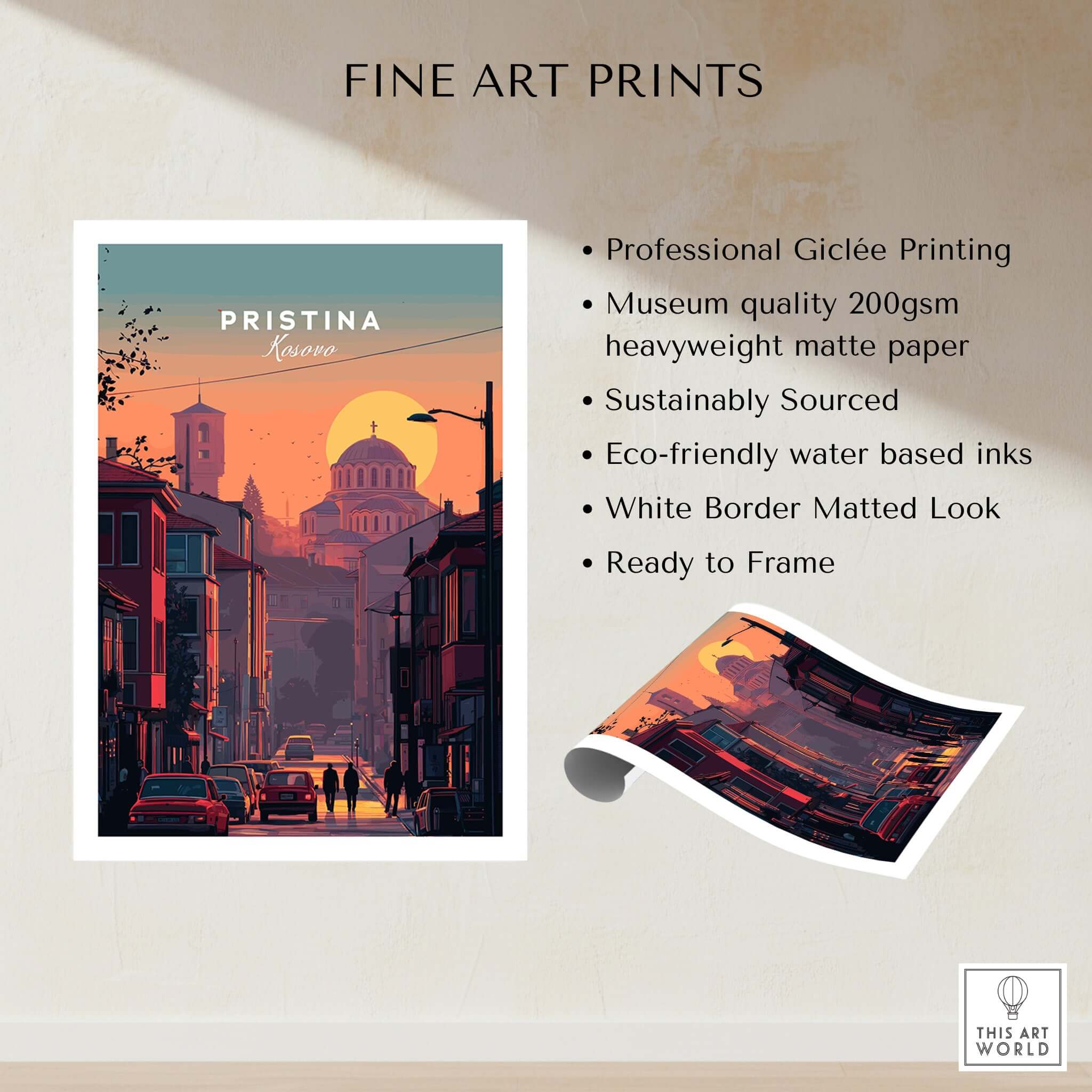 Pristina City Canvas Art Print | Kosovo Travel Wall Decor showcasing vibrant urban skyline and design features.