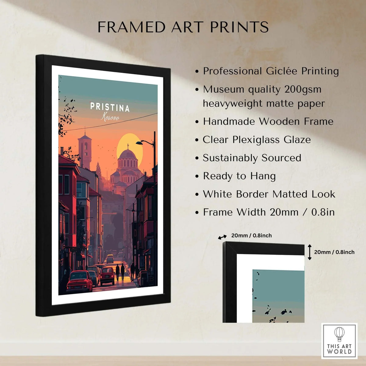 Pristina City Canvas Art Print | Kosovo Travel Wall Decor showcasing a framed art print with details about its quality and design.