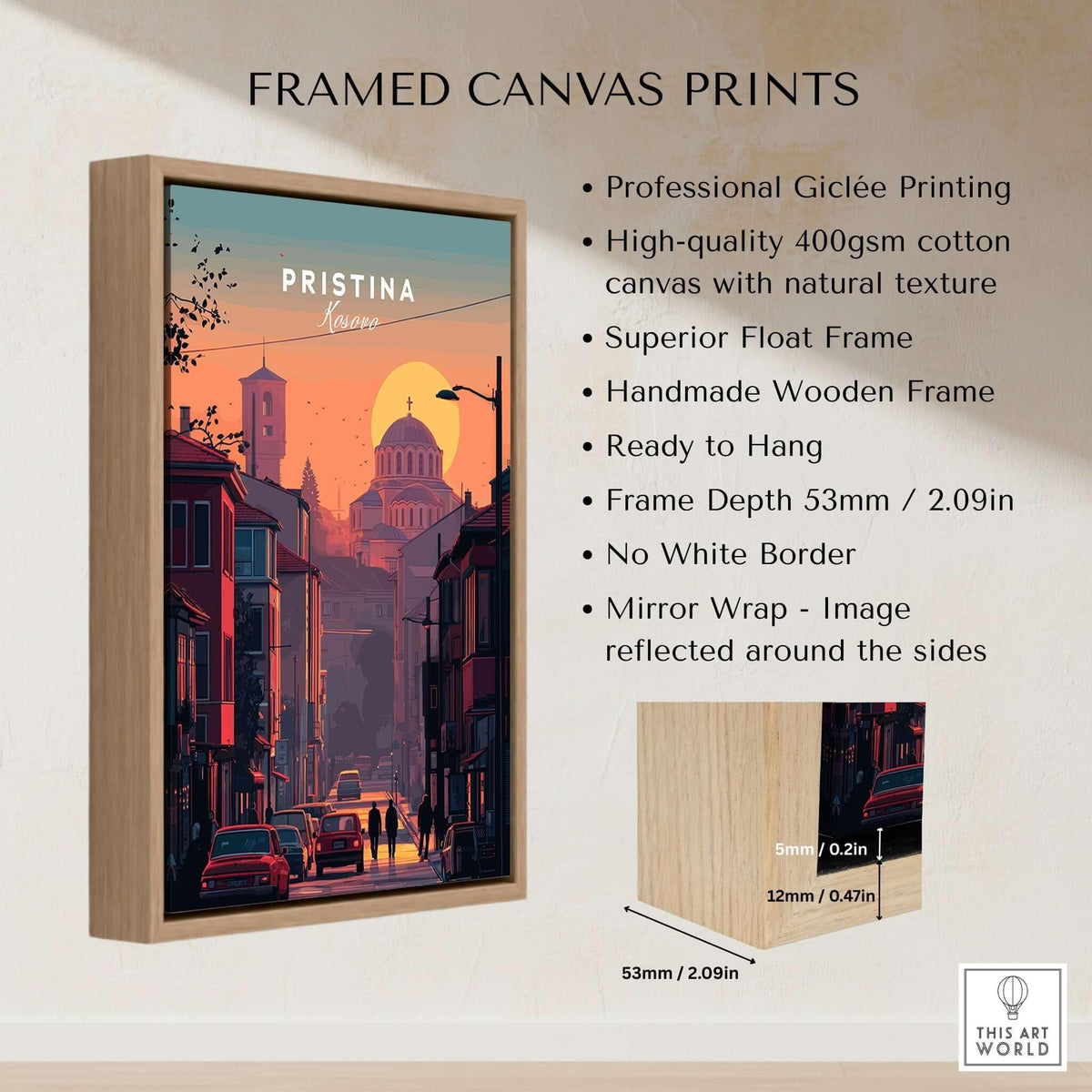 Pristina City Canvas Art Print | Kosovo Travel Wall Decor framed in a natural wooden frame, showcasing vibrant city skyline.