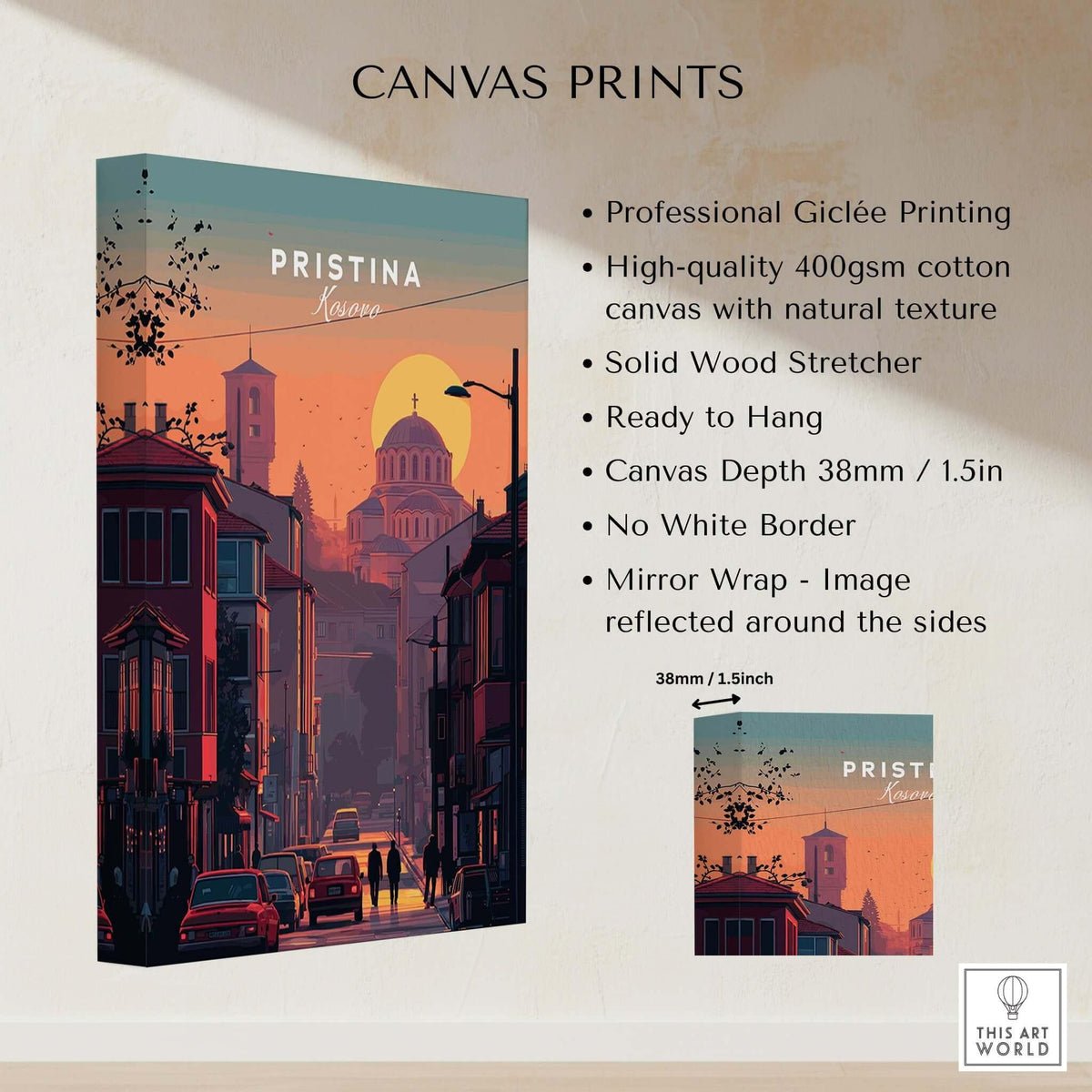 Pristina City Canvas Art Print | Kosovo Travel Wall Decor showcasing giclée print details and vibrant design.