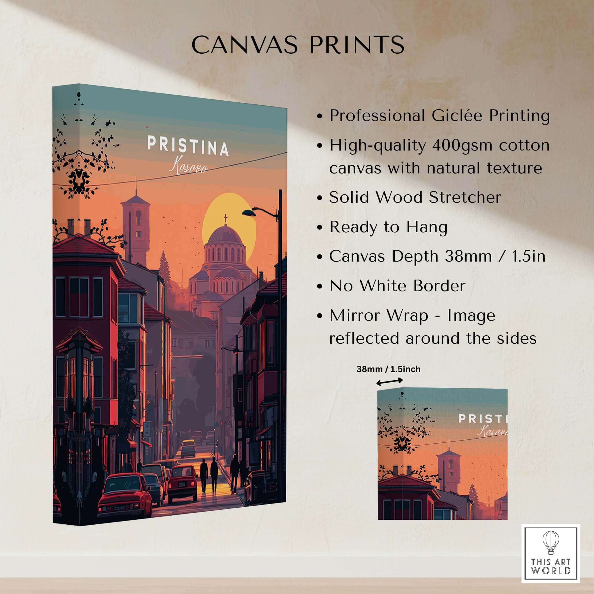 Pristina City Canvas Art Print | Kosovo Travel Wall Decor showcasing high-quality giclée printing on cotton canvas.