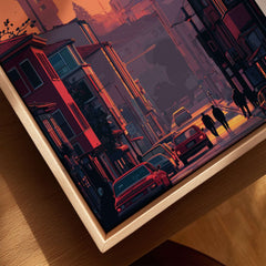 Pristina City Canvas Art Print | Kosovo Travel Wall Decor featuring vibrant street scene in sunset.