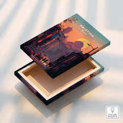 Pristina City Canvas Art Print | Kosovo Travel Wall Decor displayed on a wooden box with sunset skyline design.