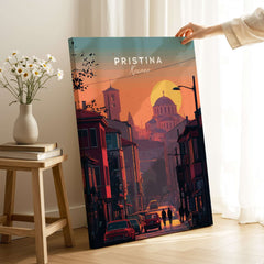 Pristina City Canvas Art Print | Kosovo Travel Wall Decor featuring vibrant urban skyline and sunset.