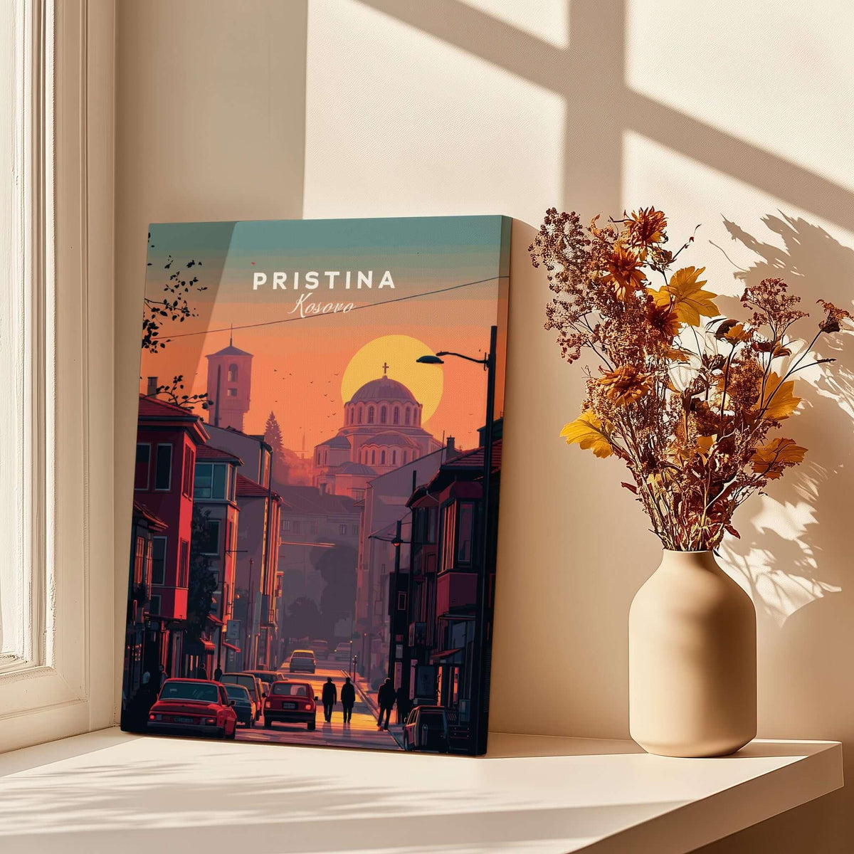 Pristina City Canvas Art Print | Kosovo Travel Wall Decor featuring a vibrant urban sunset scene.