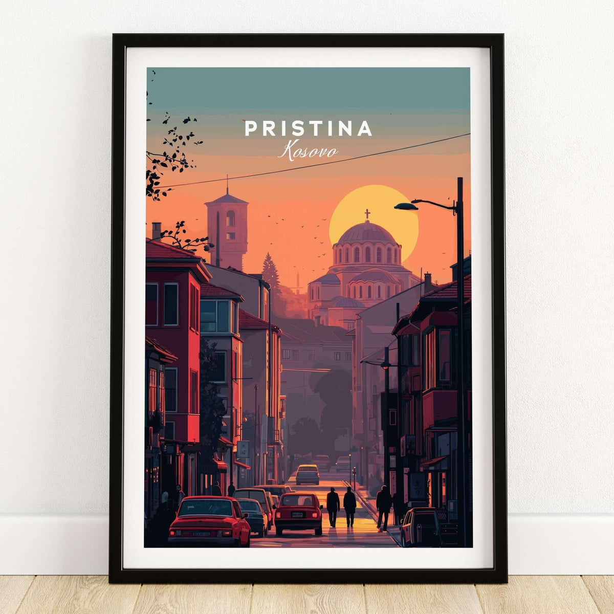 Pristina City Canvas Art Print | Kosovo Travel Wall Decor featuring a vibrant street scene at sunset.