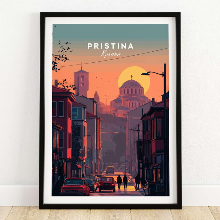 Pristina City Canvas Art Print | Kosovo Travel Wall Decor featuring a vibrant street scene at sunset.