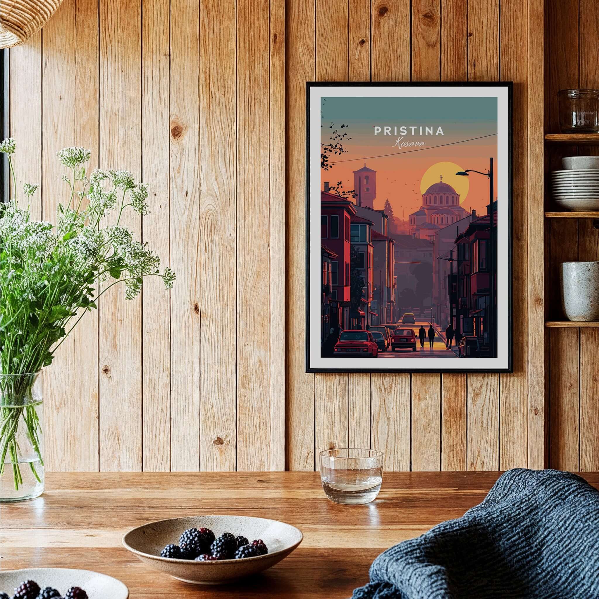 Pristina City Canvas Art Print | Kosovo Travel Wall Decor displayed in a cozy interior with wooden walls and decor.