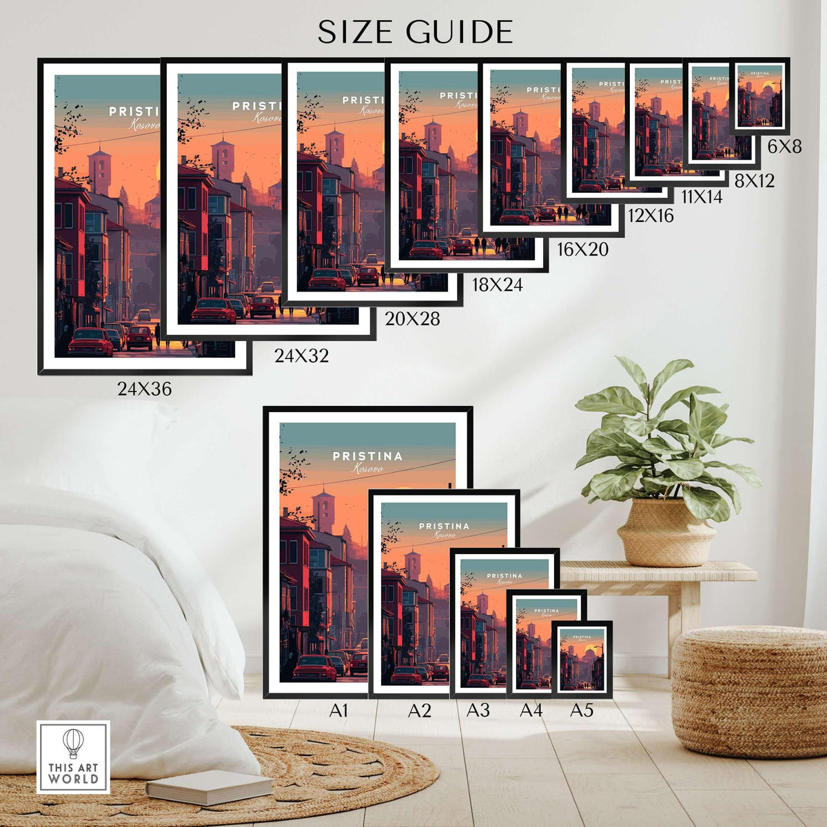 Pristina City Canvas Art Print | Kosovo Travel Wall Decor size guide with various frame options.