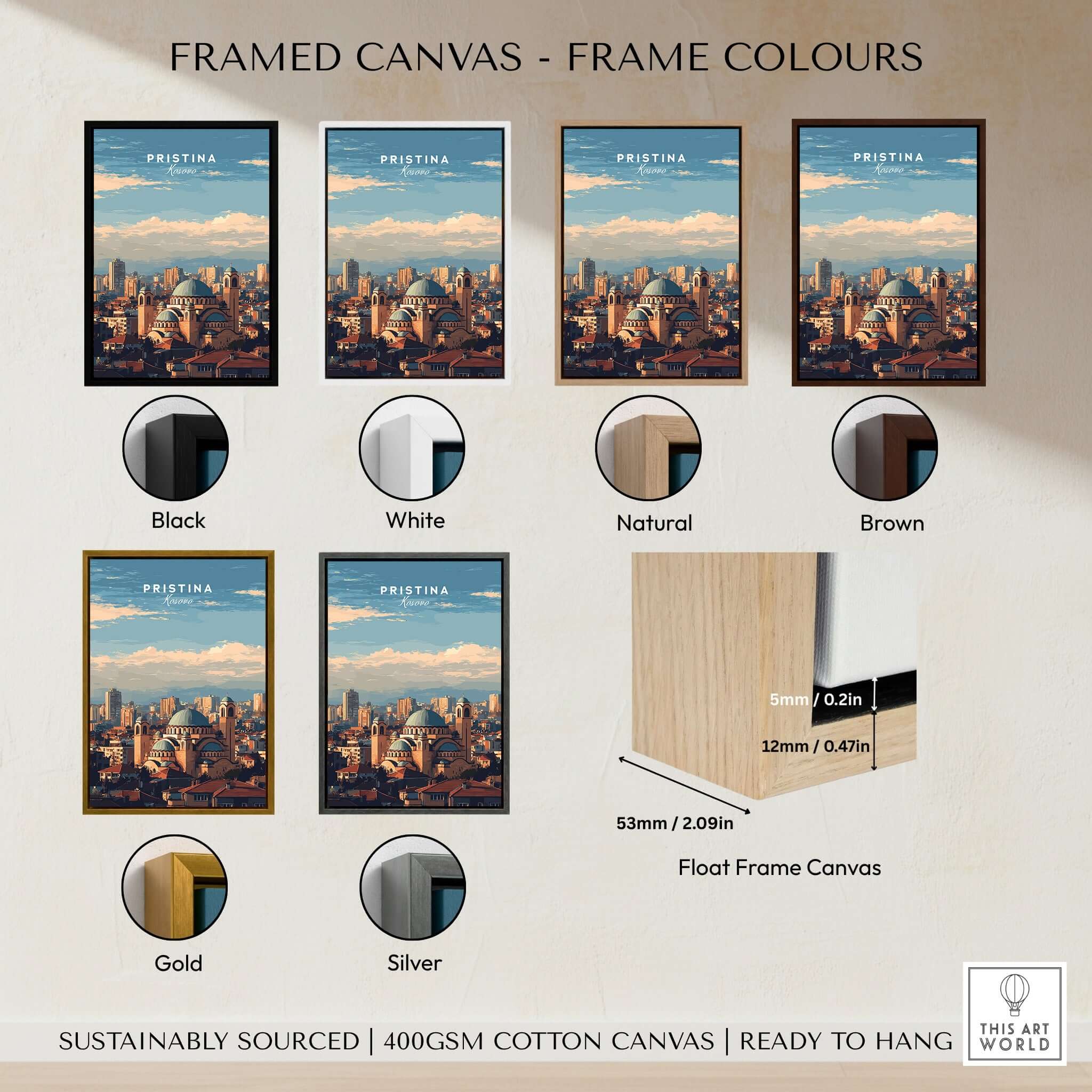 Pristina City View Canvas Print | Kosovo Urban Wall Decor showcasing frame colors and styles.