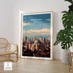 Pristina City View Canvas Print | Kosovo Urban Wall Decor in a modern living space with plants and furniture.