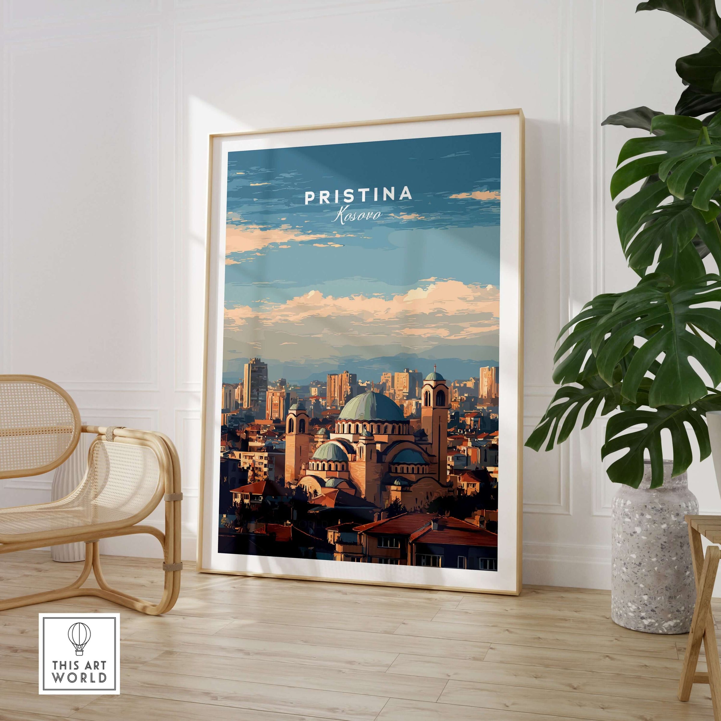 Pristina City View Canvas Print | Kosovo Urban Wall Decor in a modern living space with plants and furniture.