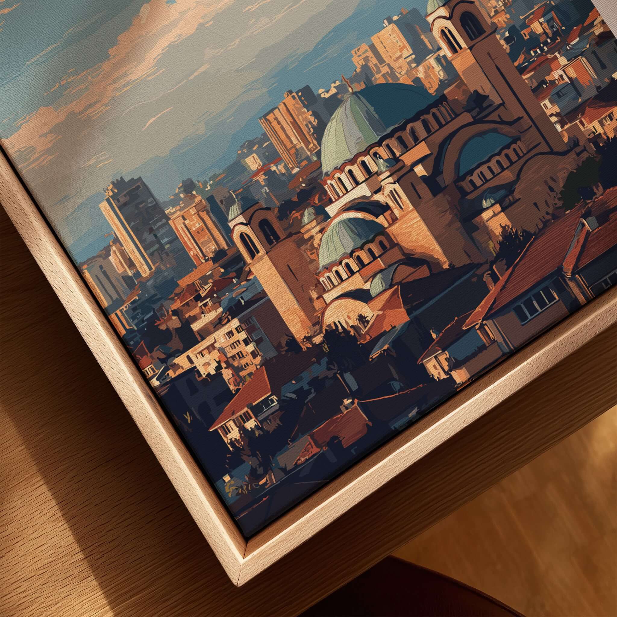 Pristina City View Canvas Print | Kosovo Urban Wall Decor showcasing vibrant city skyline and architectural details.
