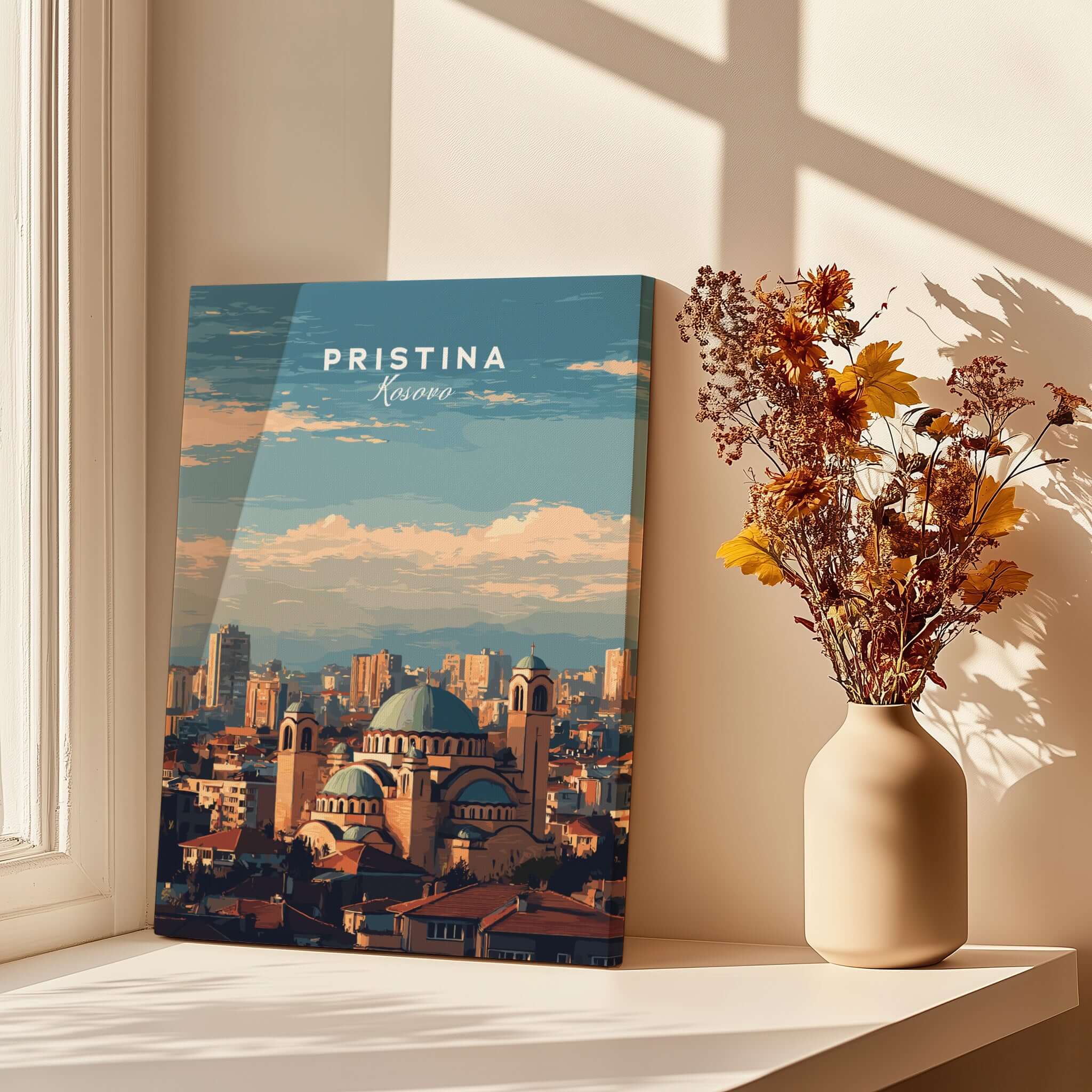 Pristina City View Canvas Print | Kosovo Urban Wall Decor featuring a vibrant skyline of Pristina.