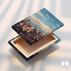 Pristina City View Canvas Print | Kosovo Urban Wall Decor displayed on a decorative box showcasing the cityscape.