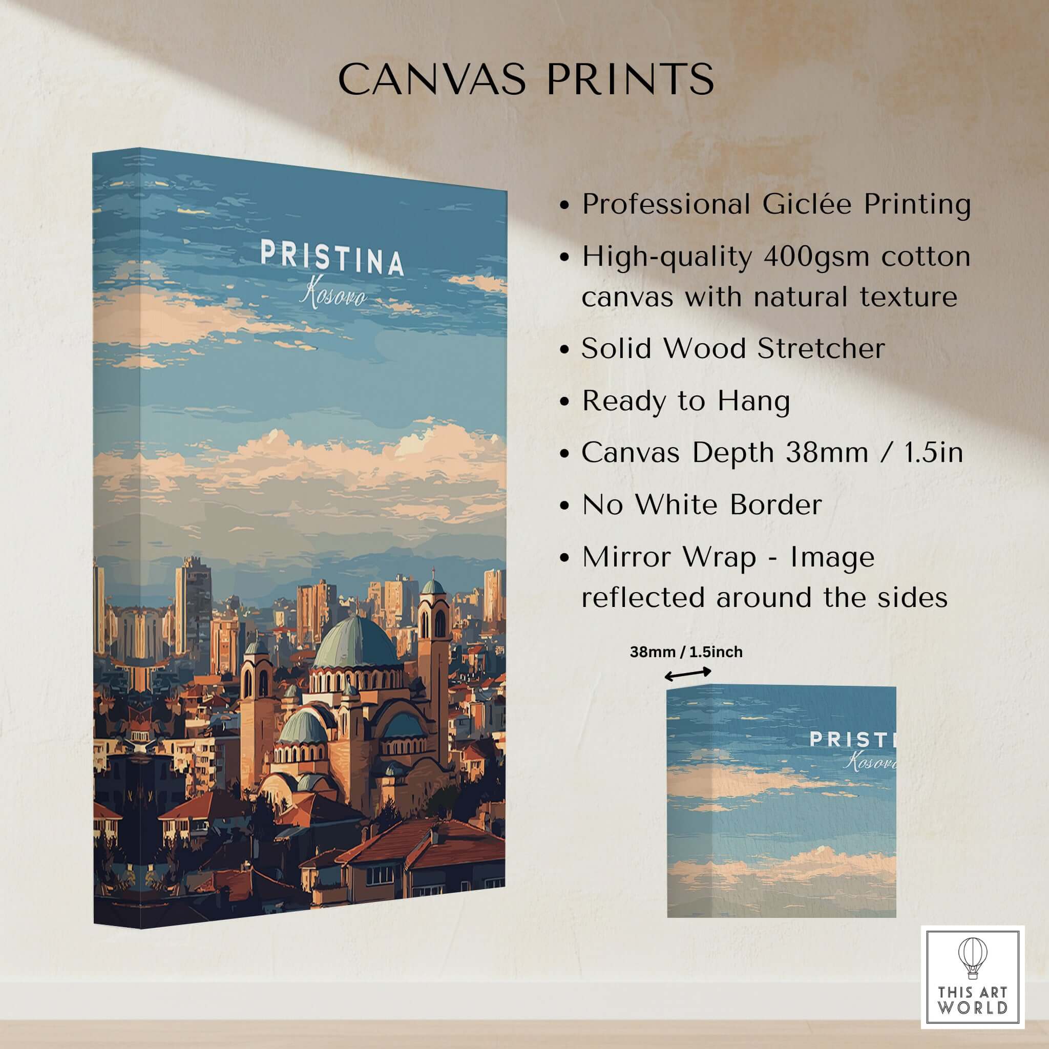 Pristina City View Canvas Print | Kosovo Urban Wall Decor showcasing detailed product features and design elements.