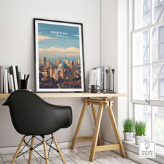 Pristina City View Canvas Print | Kosovo Urban Wall Decor displayed in modern office setting.