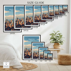Pristina City View Canvas Print | Kosovo Urban Wall Decor size guide showcasing different frame options and dimensions.