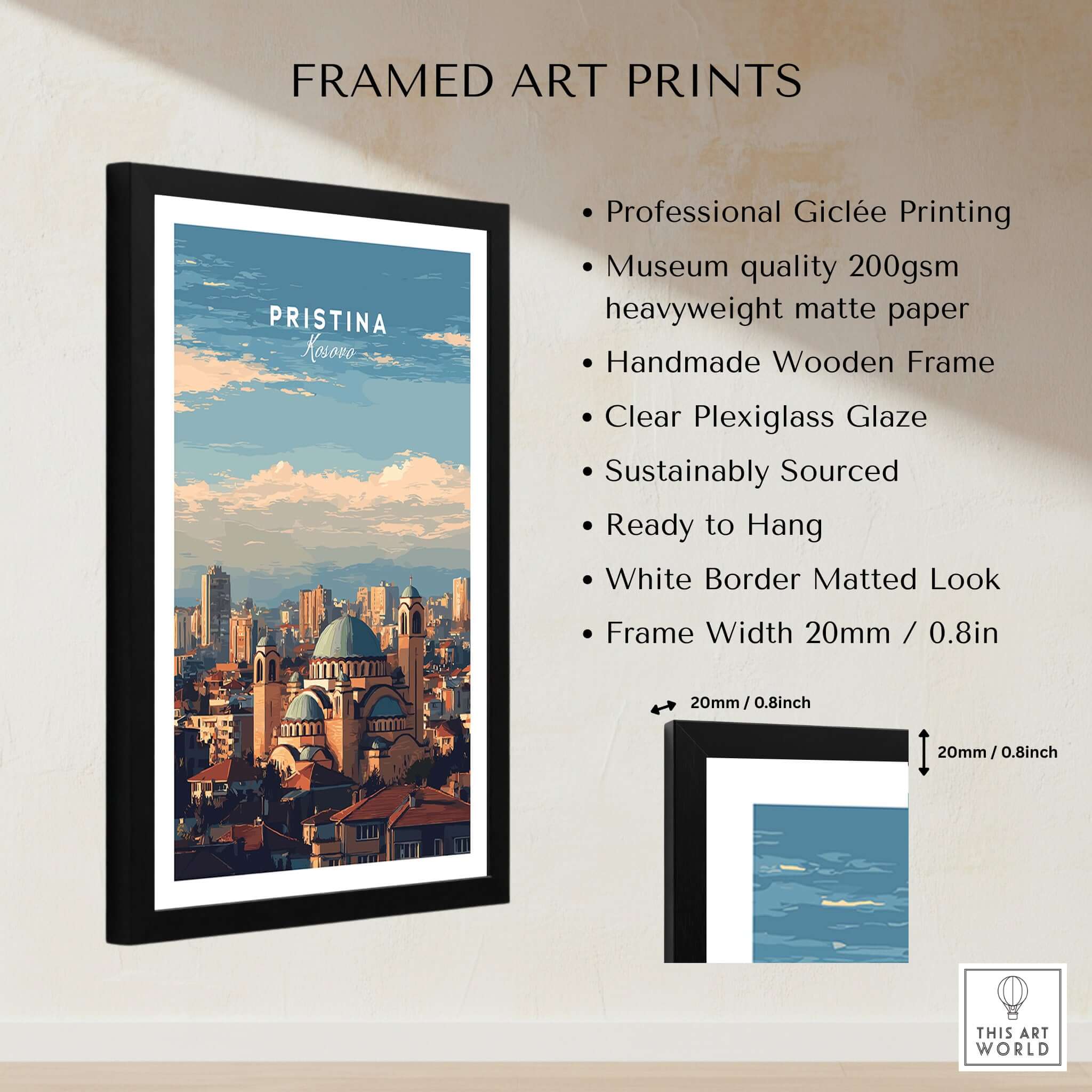 Pristina City View Canvas Print | Kosovo Urban Wall Decor in a black frame with Plexiglass and a matted white border.