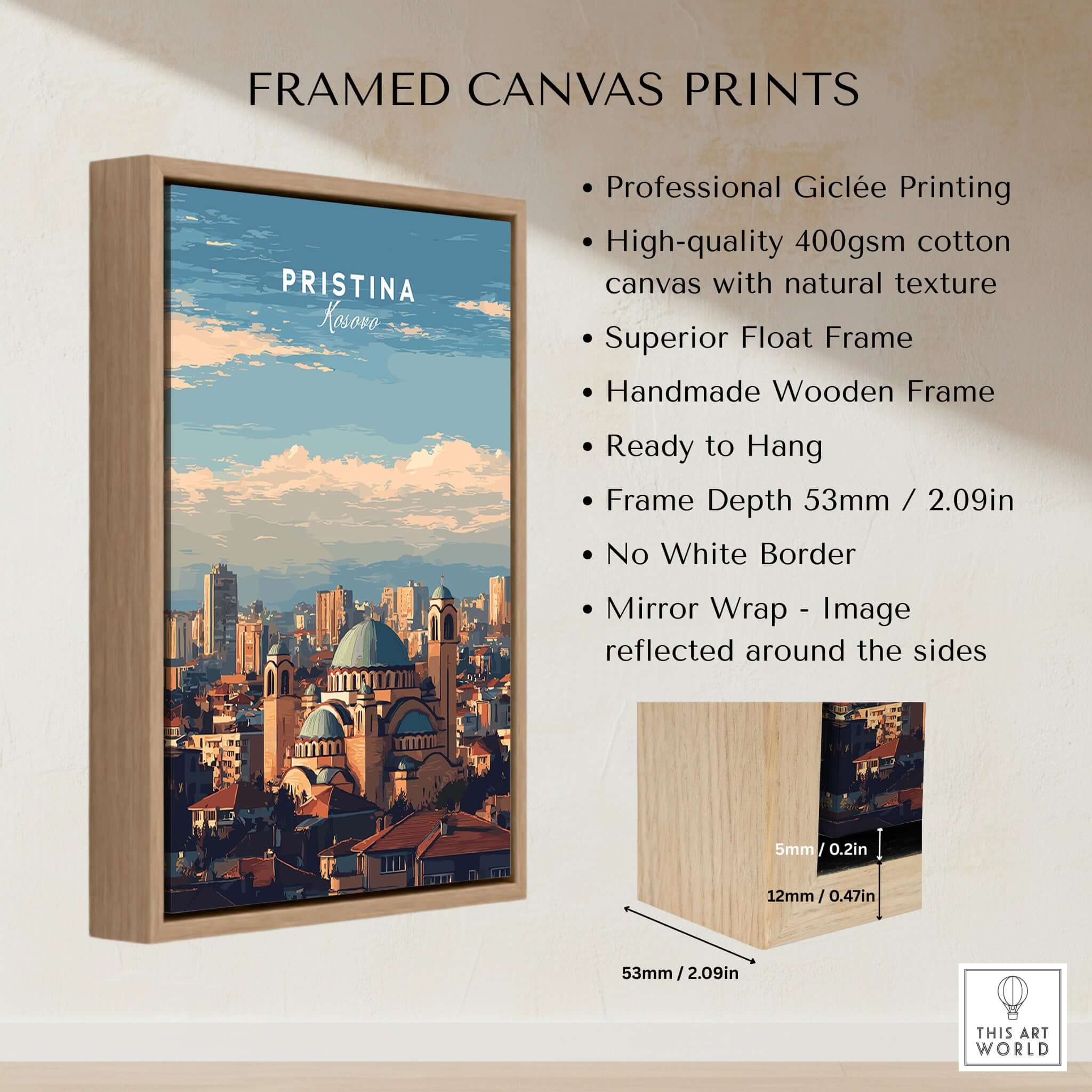Pristina City View Canvas Print | Kosovo Urban Wall Decor showcasing framed artwork with professional Giclée printing.