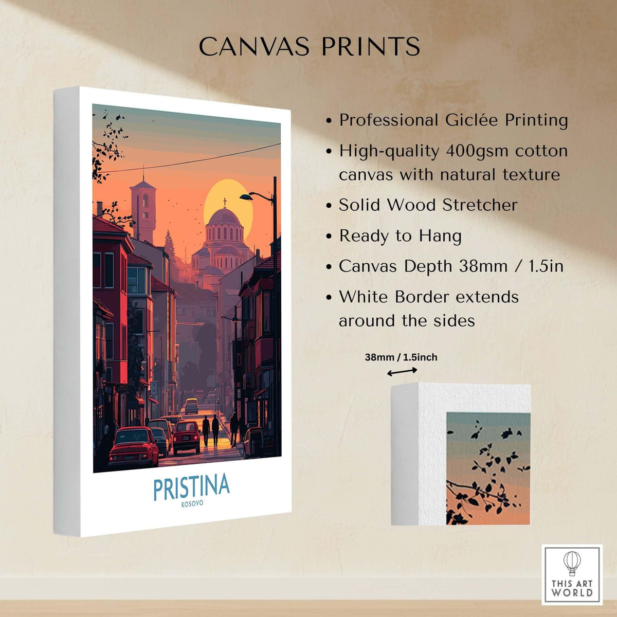 Pristina Kosovo Street Sunset Art Print | Christ the Saviour Church Poster showcasing Giclée quality details.