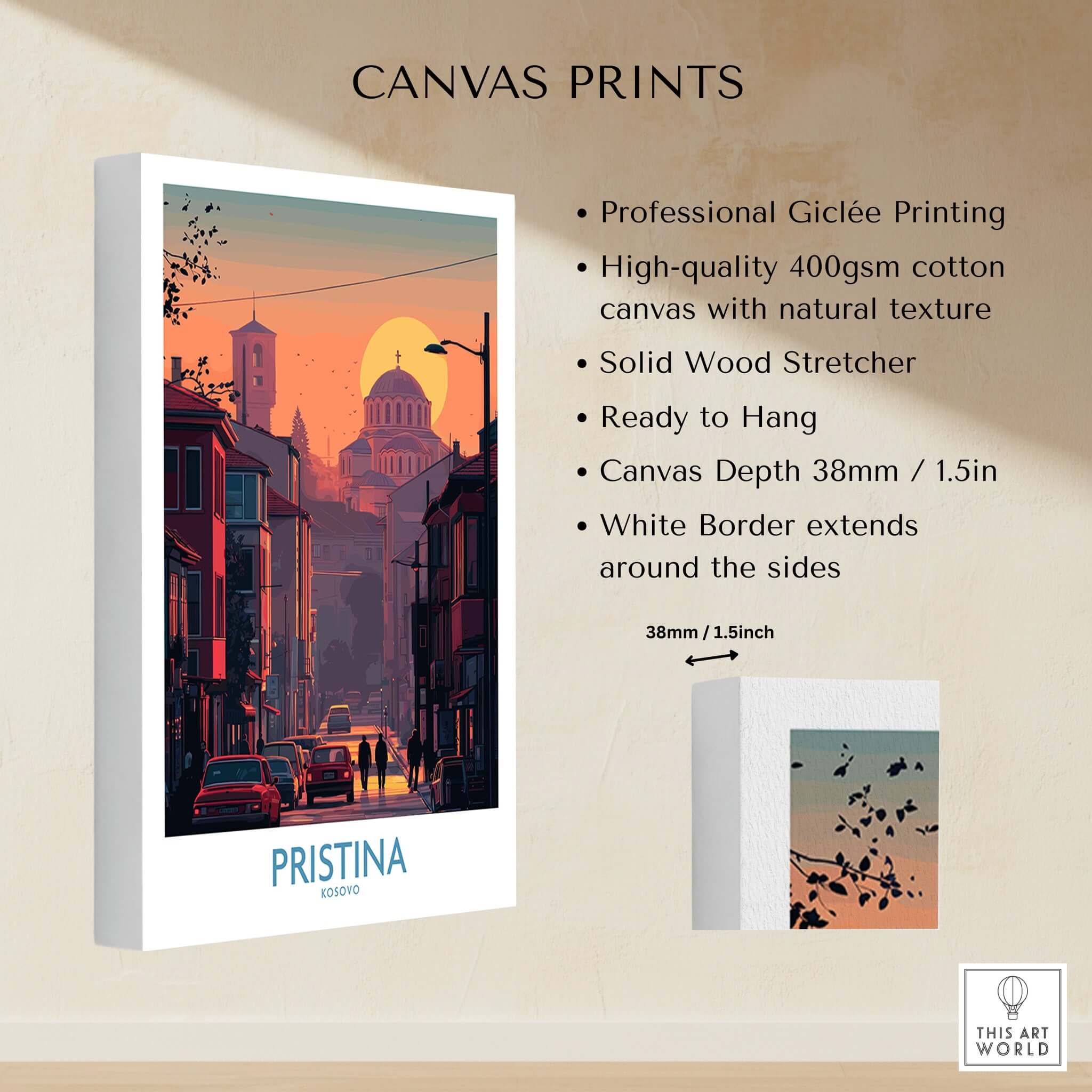 Pristina Kosovo Street Sunset Art Print | Christ the Saviour Church Poster showcasing Giclée printing quality and canvas details.