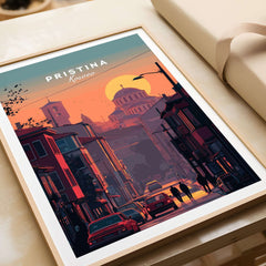 Pristina City Canvas Art Print | Kosovo Travel Wall Decor featuring a vibrant sunset scene.