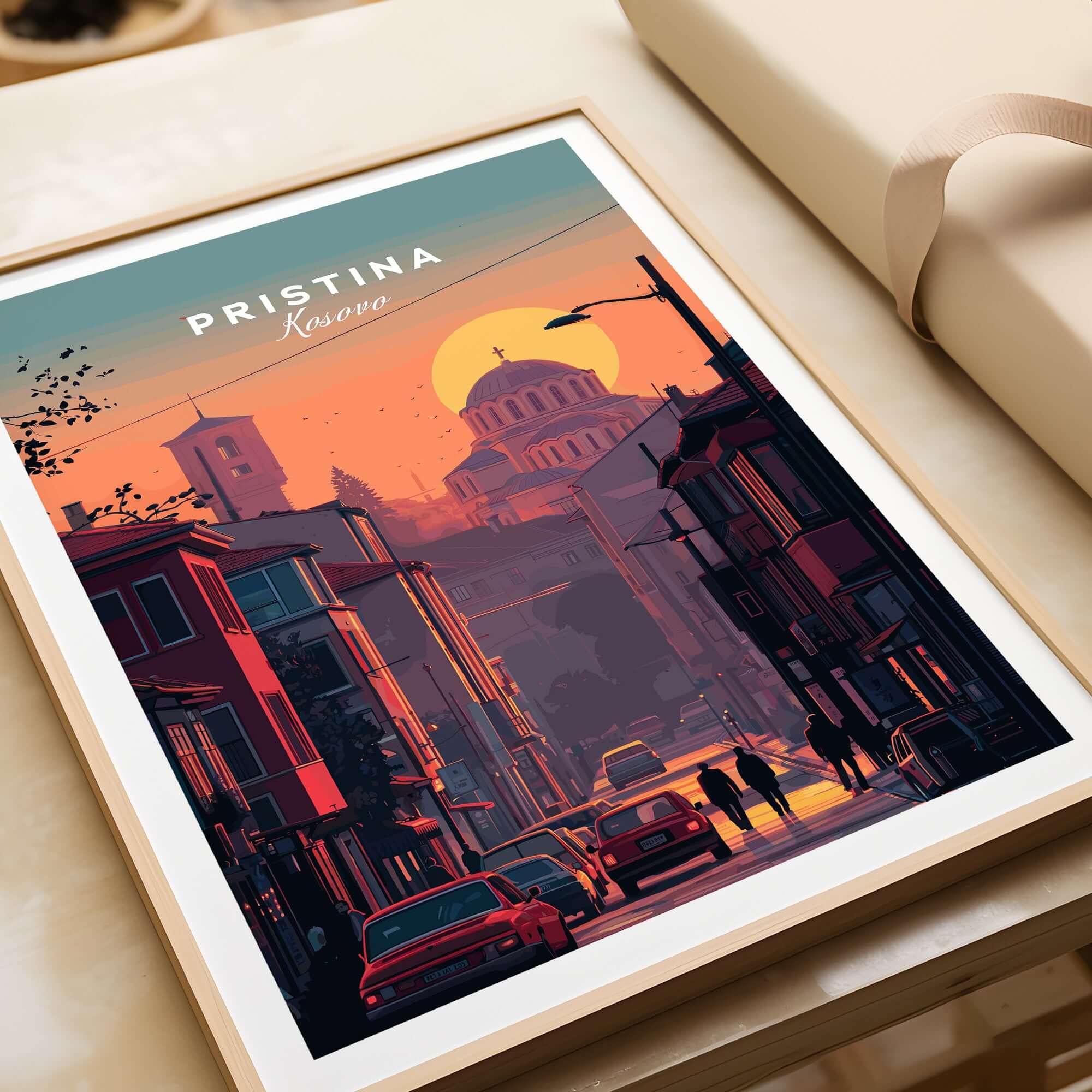 Pristina City Canvas Art Print | Kosovo Travel Wall Decor featuring a vibrant sunset scene.