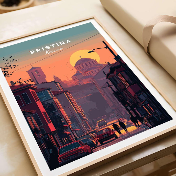Pristina City Canvas Art Print | Kosovo Travel Wall Decor showcasing the vibrant skyline and sunset of Pristina.