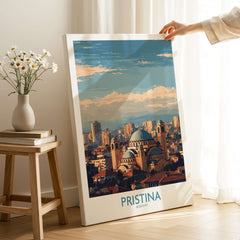 Pristina Kosovo City Skyline Art Print | Christ the Saviour Cathedral Poster displayed in a modern interior setting.