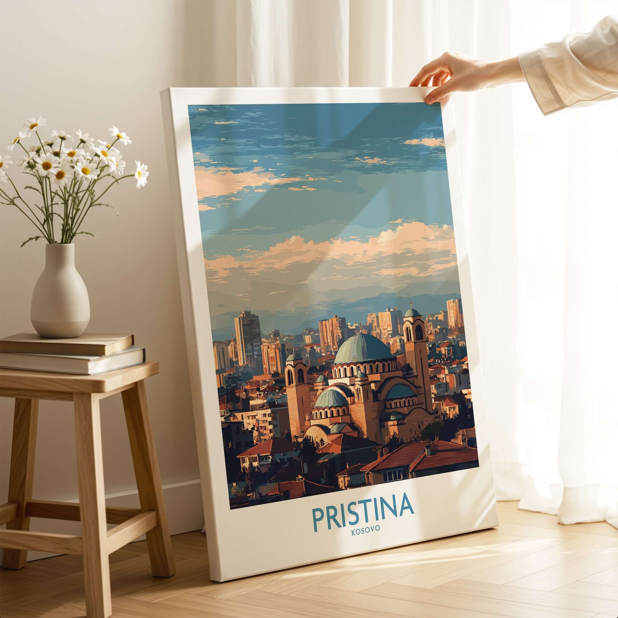 Pristina Kosovo City Skyline Art Print | Christ the Saviour Cathedral Poster displayed in a modern interior setting.