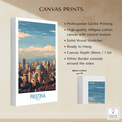 Pristina Kosovo City Skyline Art Print | Christ the Saviour Cathedral Poster showing a canvas print with professional Giclée printing.
