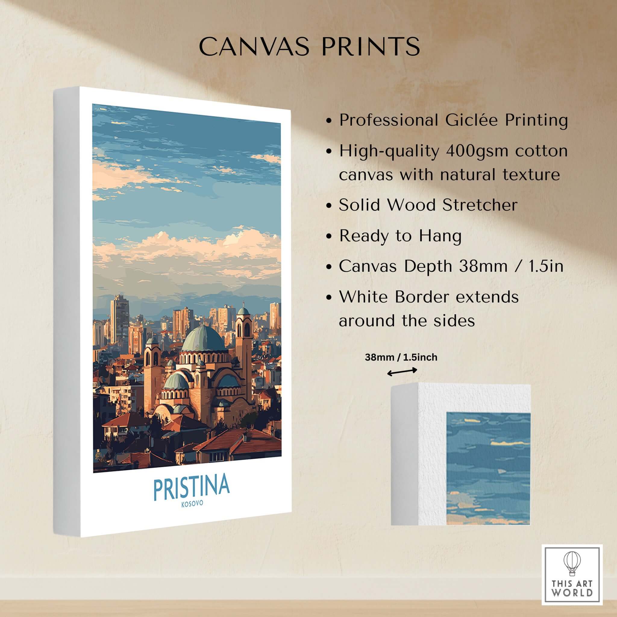 Pristina Kosovo City Skyline Art Print | Christ the Saviour Cathedral Poster showing a canvas print with professional Giclée printing.