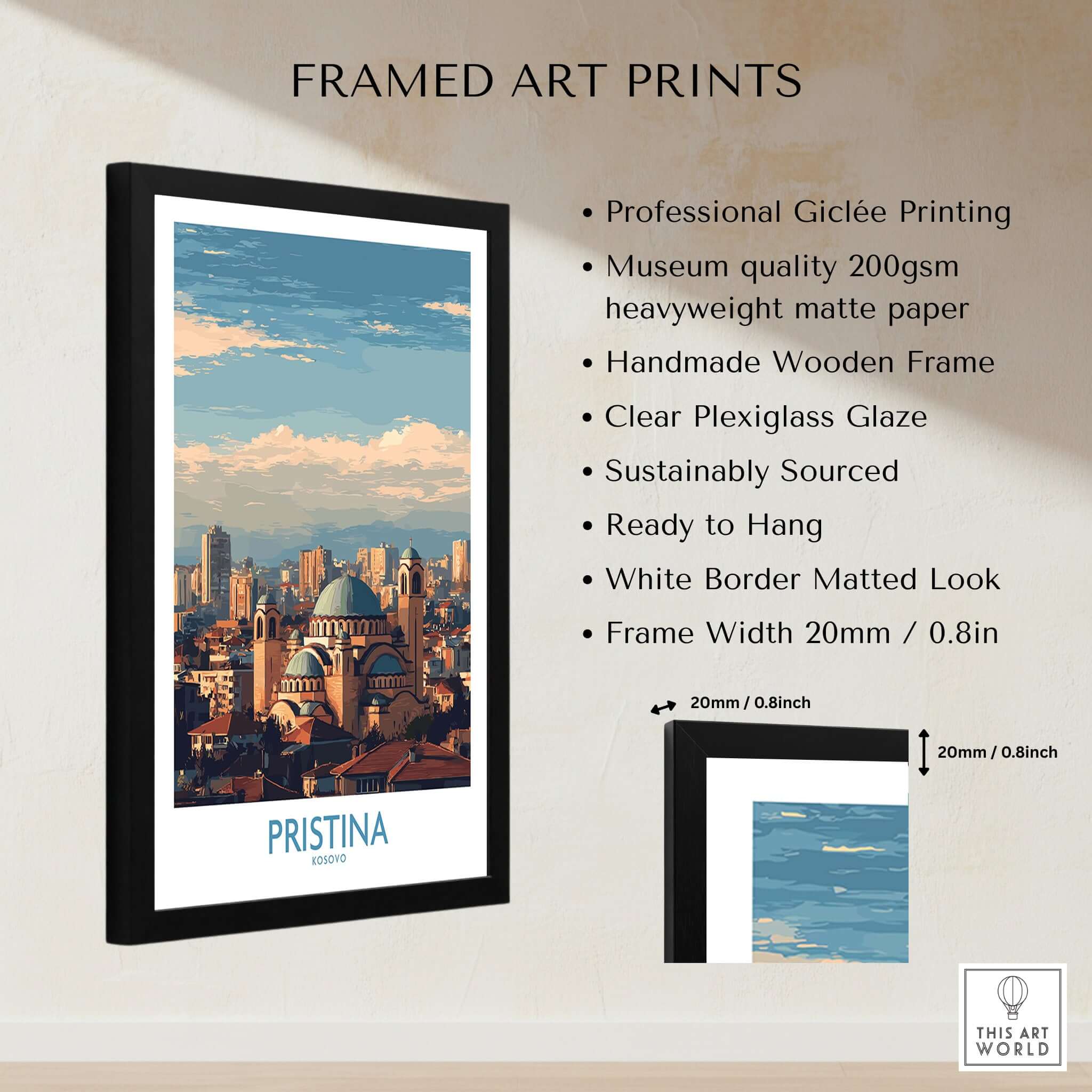 Pristina Kosovo City Skyline Art Print | Christ the Saviour Cathedral Poster framed art print with professional Giclée printing.