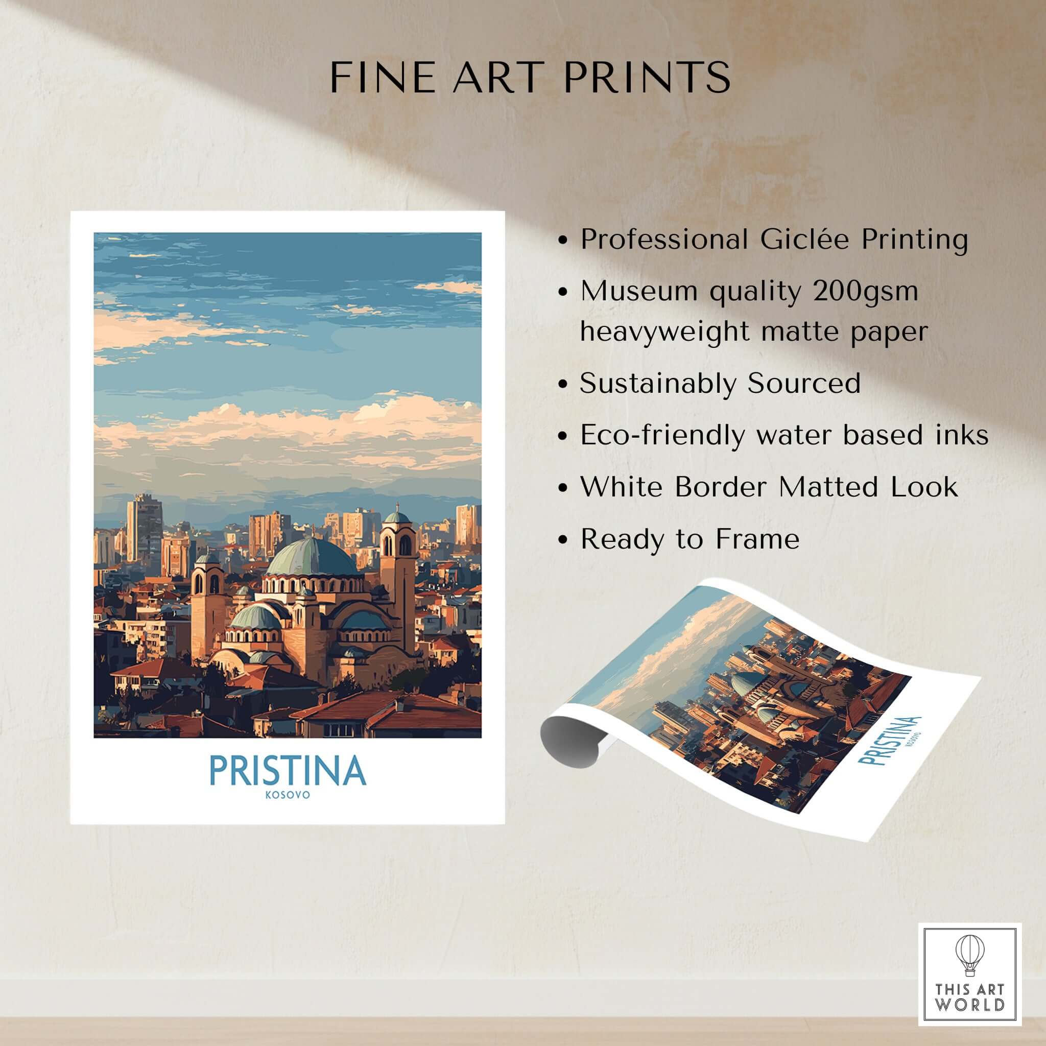 Pristina Kosovo City Skyline Art Print | Christ the Saviour Cathedral Poster showcasing fine art print details.