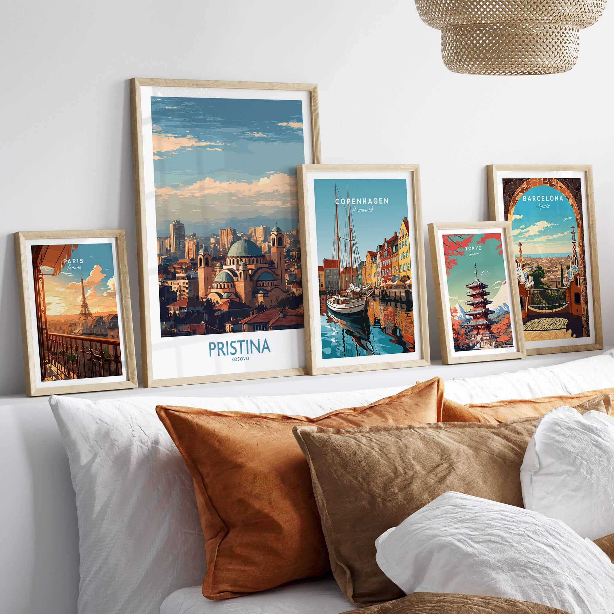 Pristina Kosovo City Skyline Art Print | Christ the Saviour Cathedral Poster showcased in a stylish home decor setting.